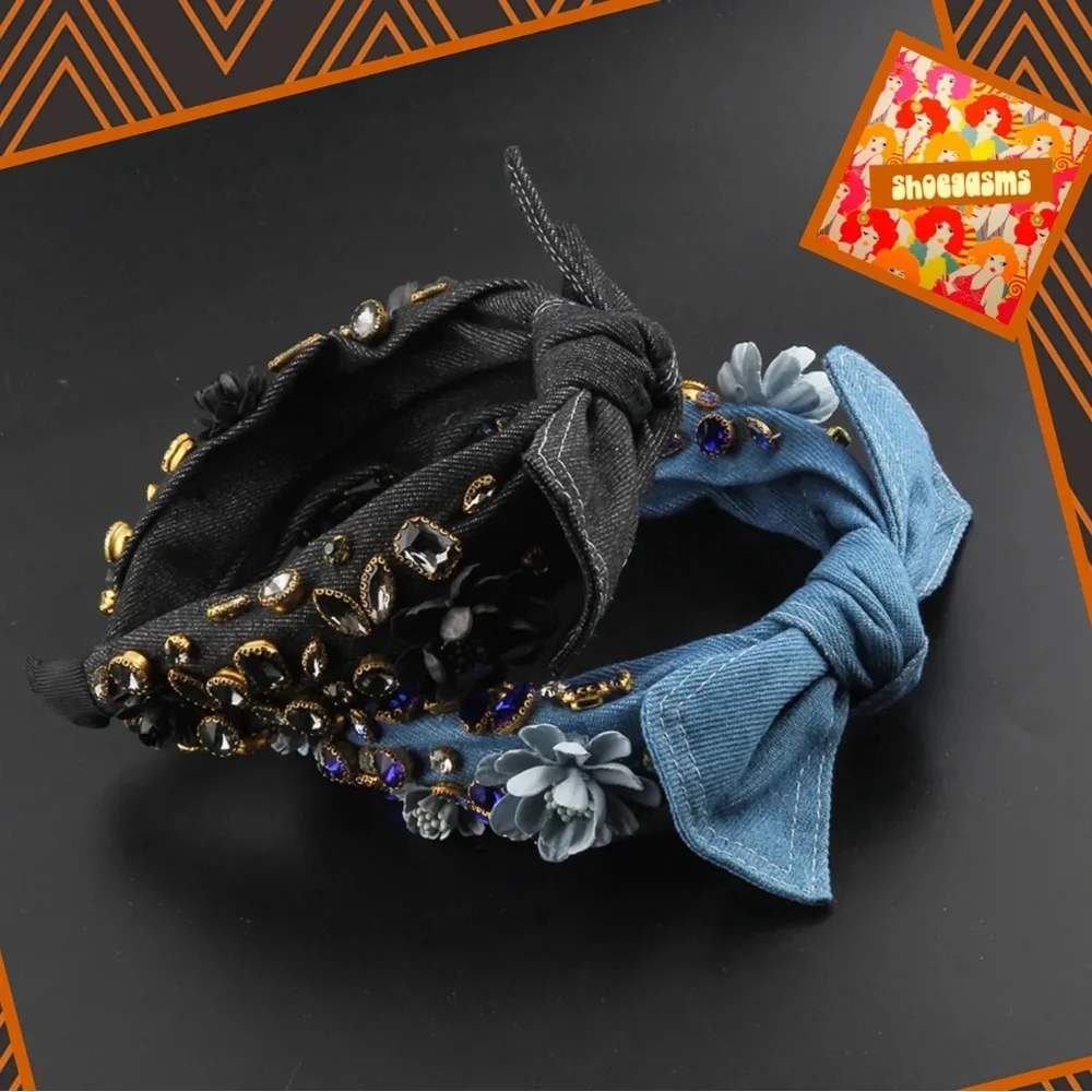 New! The “Baroque Cowboy” Rustic Denim And Rhinestone Bow Headband